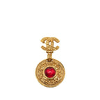 Chanel CC Logo Gripoix Round Brooch 04 Gold Red Plated Glass