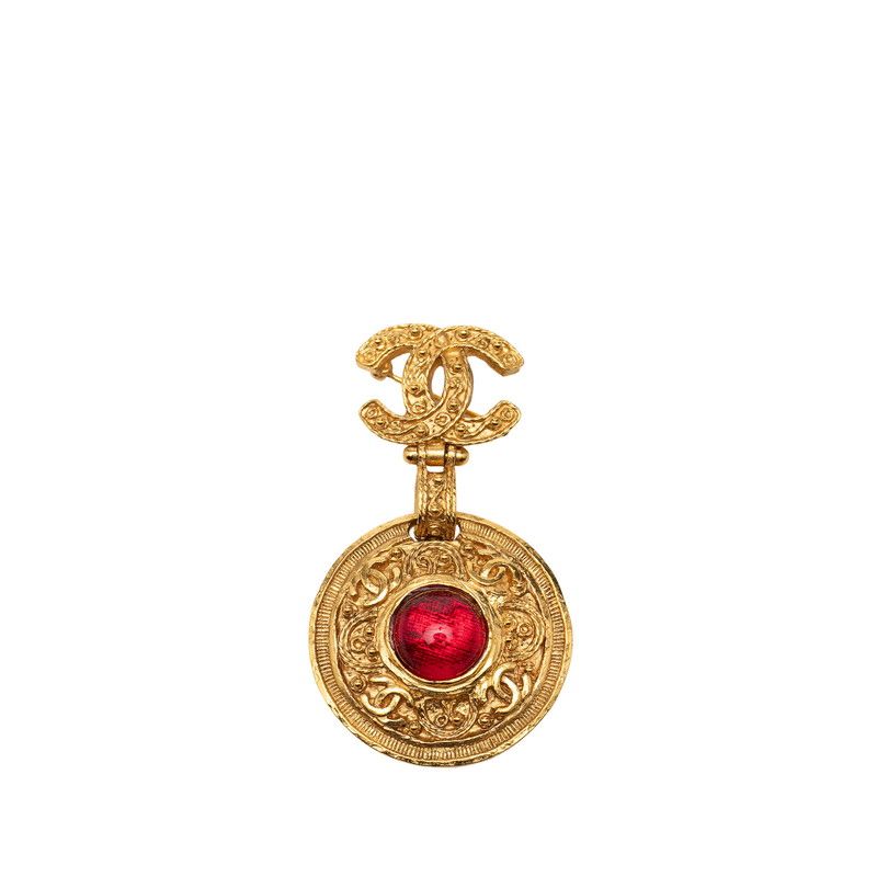 Chanel CC Logo Gripoix Round Brooch 04 Gold Red Plated Glass