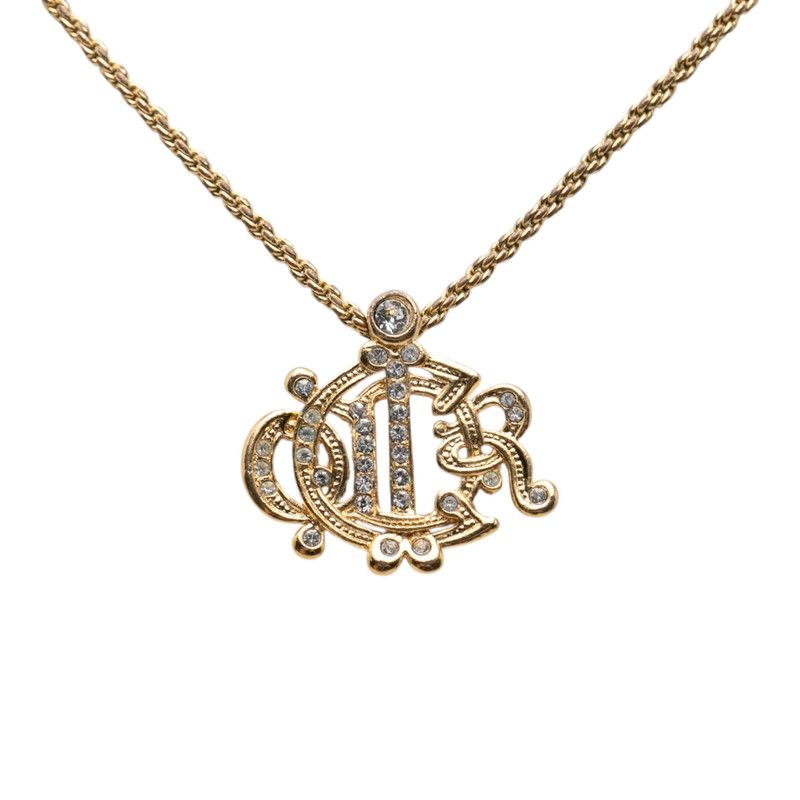 Dior Logo Emblem Chain Pendant Gold Plated Rhinestone