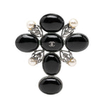 Chanel CC Logo Brooch 03 Black Silver Metal Faux Pearl Cles