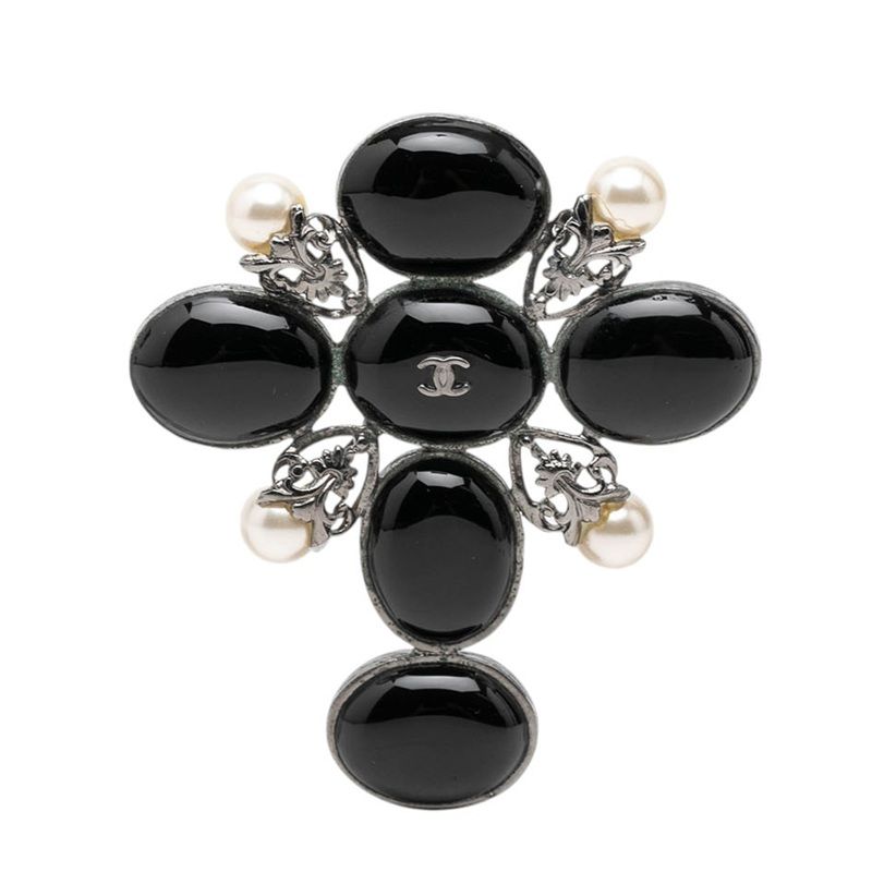 Chanel CC Logo Brooch 03 Black Silver Metal Faux Pearl Cles