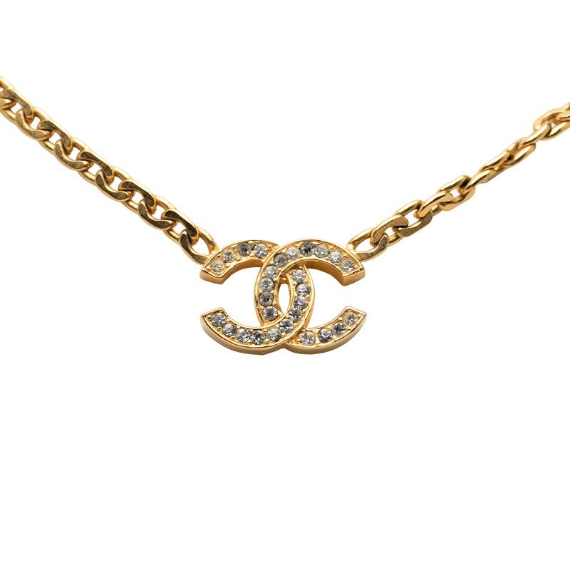 Chanel CC Logo Vintage Chain Pendant Gold Plated Rhinestone