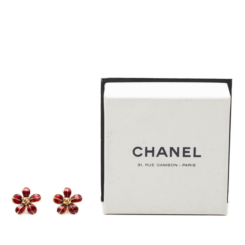 Chanel CC Logo Flower Motif Stud Earrings 03 Gold Red Plated Resin — view 4