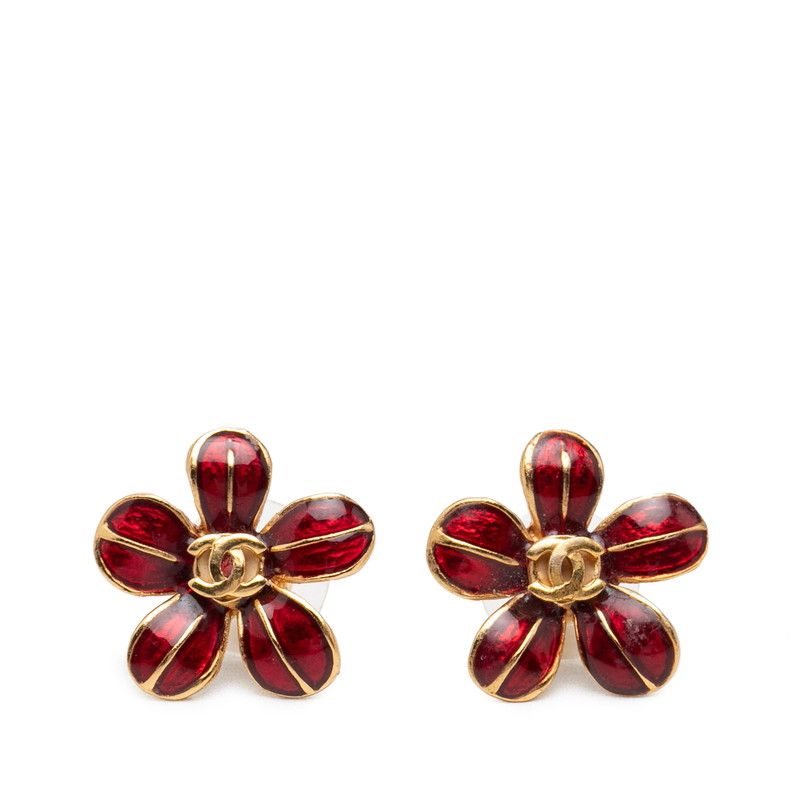 Chanel CC Logo Flower Motif Stud Earrings 03 Gold Red Plated Resin