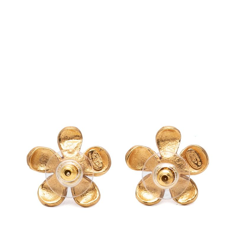 Chanel CC Logo Flower Motif Stud Earrings 03 Gold Red Plated Resin — view 2