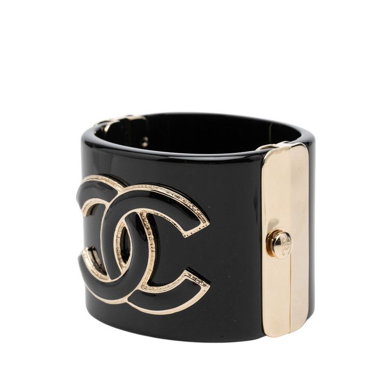 Chanel CC Logo Bracelet Bangle Black Gold Plated Plastic — view 2
