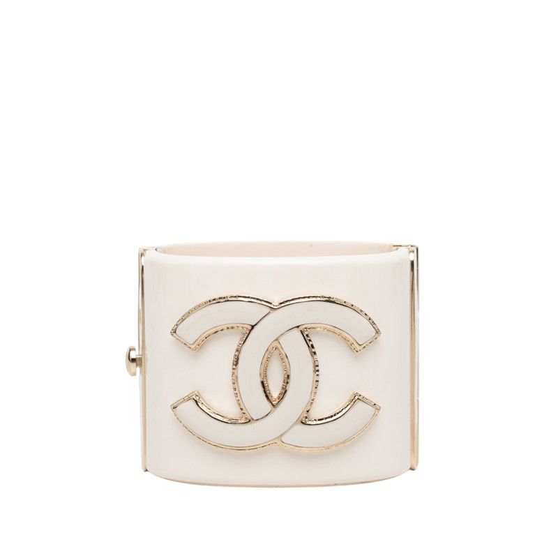 Chanel CC Logo Bangle Bracelet White Gold Plated Plastic