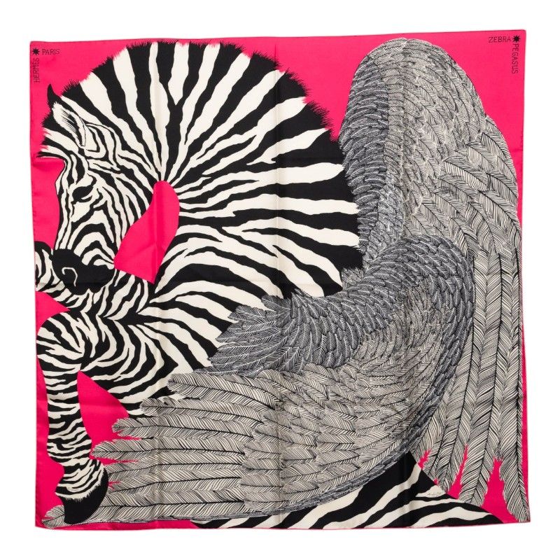 Hermes Carre 90 Zebra Pegasus Scarf Pink Black White Silk
