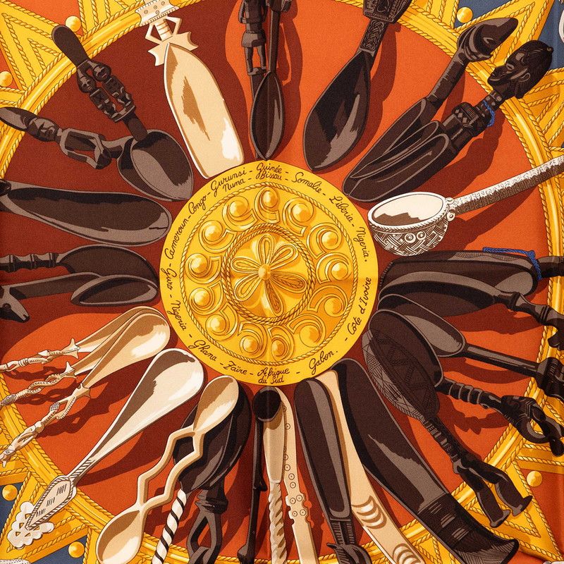 Hermes Carre 90 Cuillers D'afrique African Spoon Scarf Brown Multicolor Silk — view 2