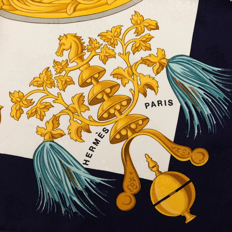 Hermes Carre 90 Plumes Et Grelots Feathers and Bells Scarf Navy White Silk — view 3