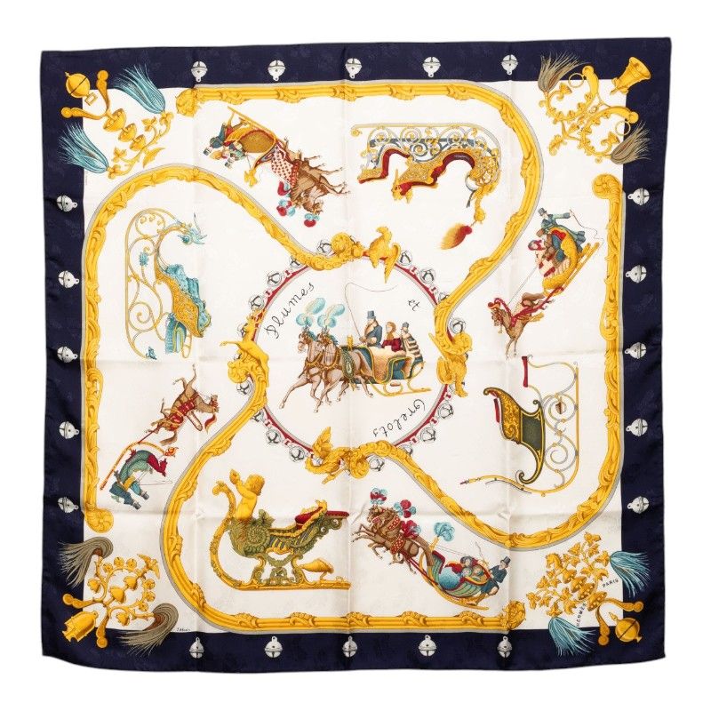 Hermes Carre 90 Plumes Et Grelots Feathers and Bells Scarf Navy White Silk