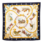 Hermes Carre 90 Plumes Et Grelots Feathers and Bells Scarf Navy White Silk