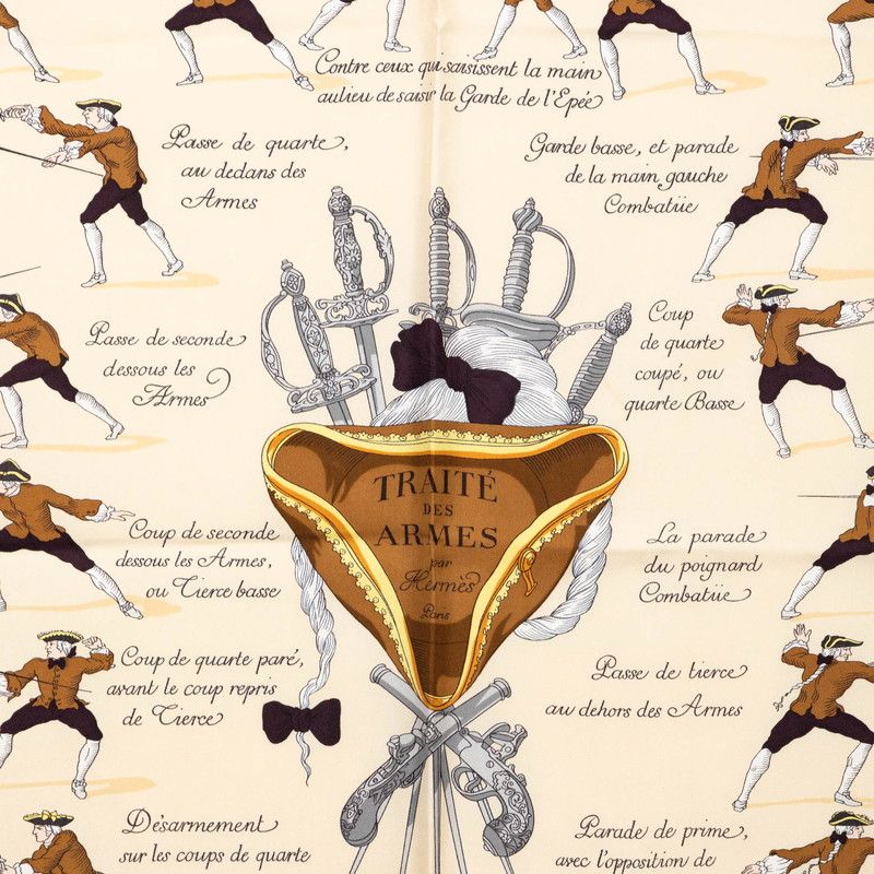 Hermes Carre 90 Fencing Traite Des Armes Scarf Beige Silk — view 2