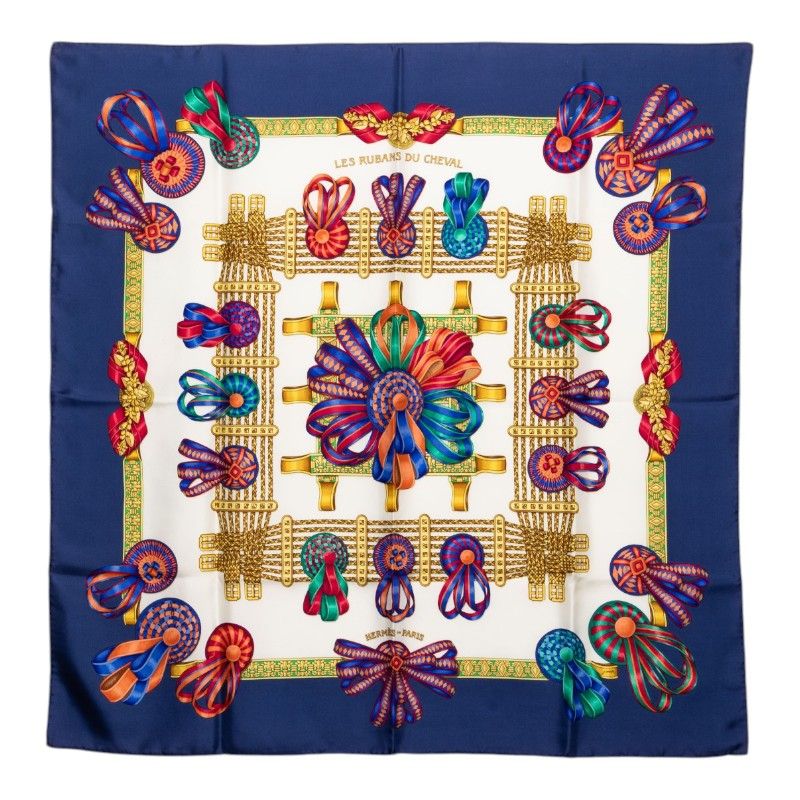 Hermes Carre 90 les Rubans du Cheval Horse Ribbon Scarf Navy Multicolor Silk