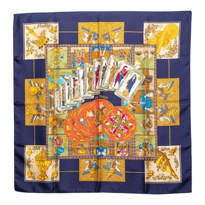 Hermes Carre 90 le Tarot Card Scarf Navy Multicolor Silk