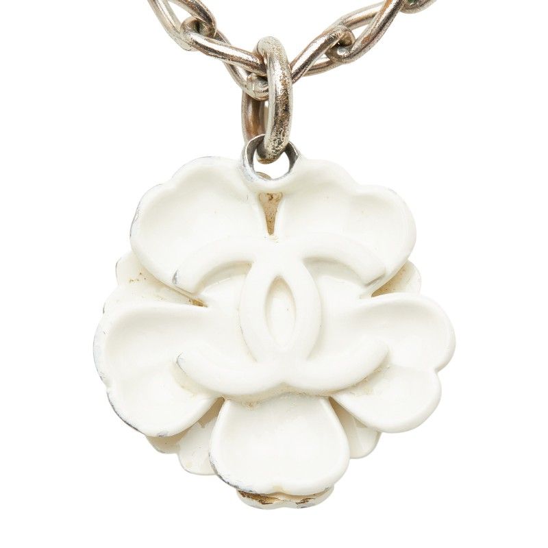 Chanel CC Logo Camellia Motif Necklace Silver White Metal — view 3