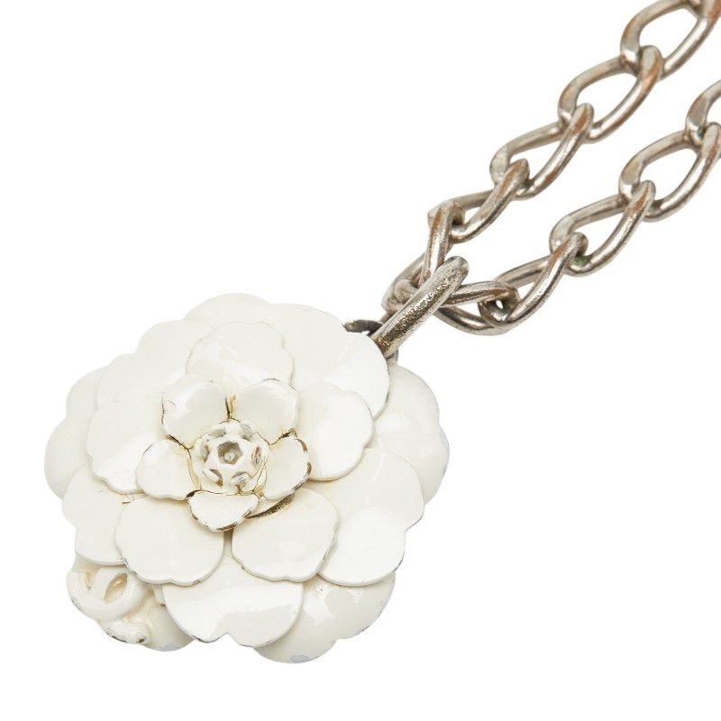 Chanel CC Logo Camellia Motif Necklace Silver White Metal