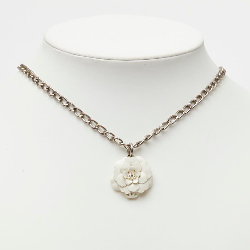 Chanel CC Logo Camellia Motif Necklace Silver White Metal — view 7