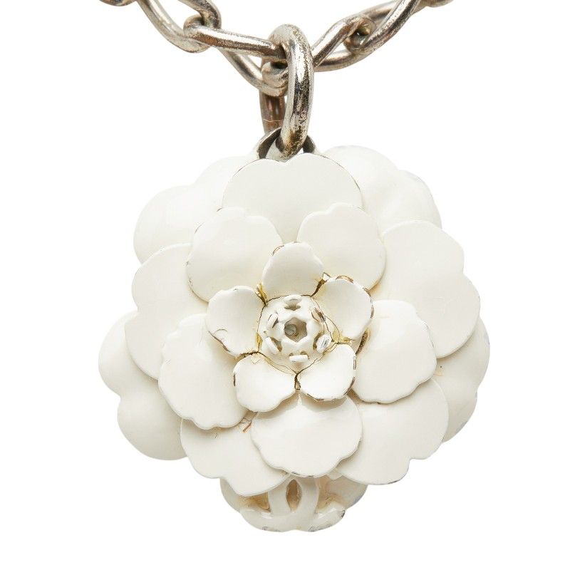 Chanel CC Logo Camellia Motif Necklace Silver White Metal — view 2