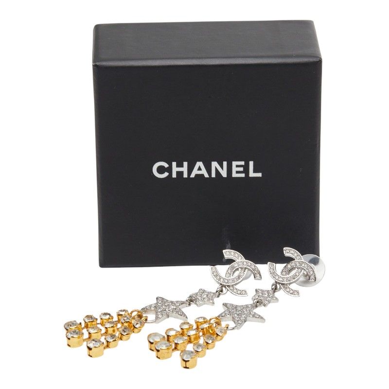 Chanel CC Logo Star Earrings Silver Gold Metal Plated Rhinestone — view 6