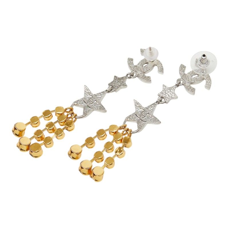 Chanel CC Logo Star Earrings Silver Gold Metal Plated Rhinestone — view 3