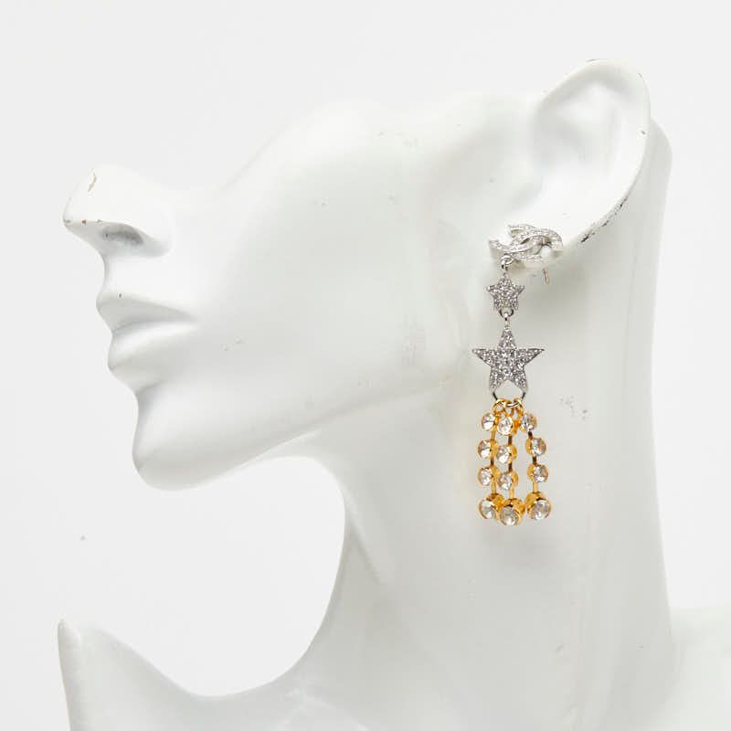 Chanel CC Logo Star Earrings Silver Gold Metal Plated Rhinestone — view 5
