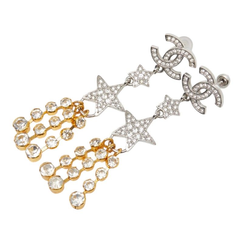 Chanel CC Logo Star Earrings Silver Gold Metal Plated Rhinestone — view 2