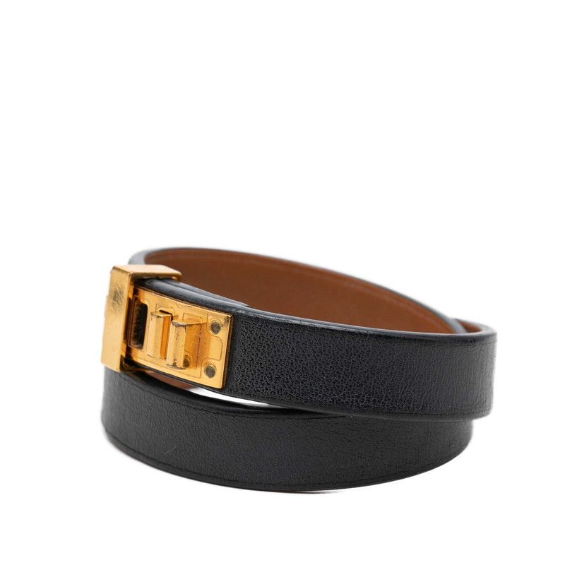 Hermes Mini Dog Double Tour Strand Bracelet T2 Black Gold Leather Plated — view 2