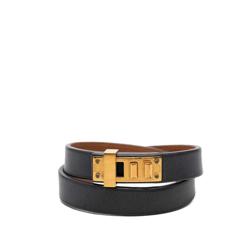 Hermes Mini Dog Double Tour Strand Bracelet T2 Black Gold Leather Plated