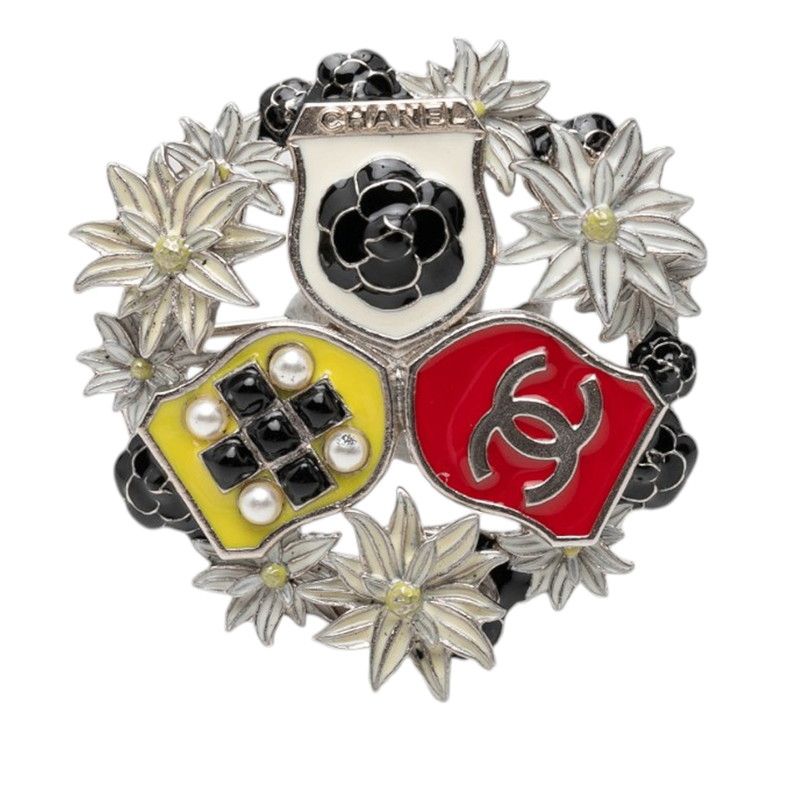 Chanel CC Logo Camellia Emblem Brooch Silver Multicolor Metal Faux Pearl