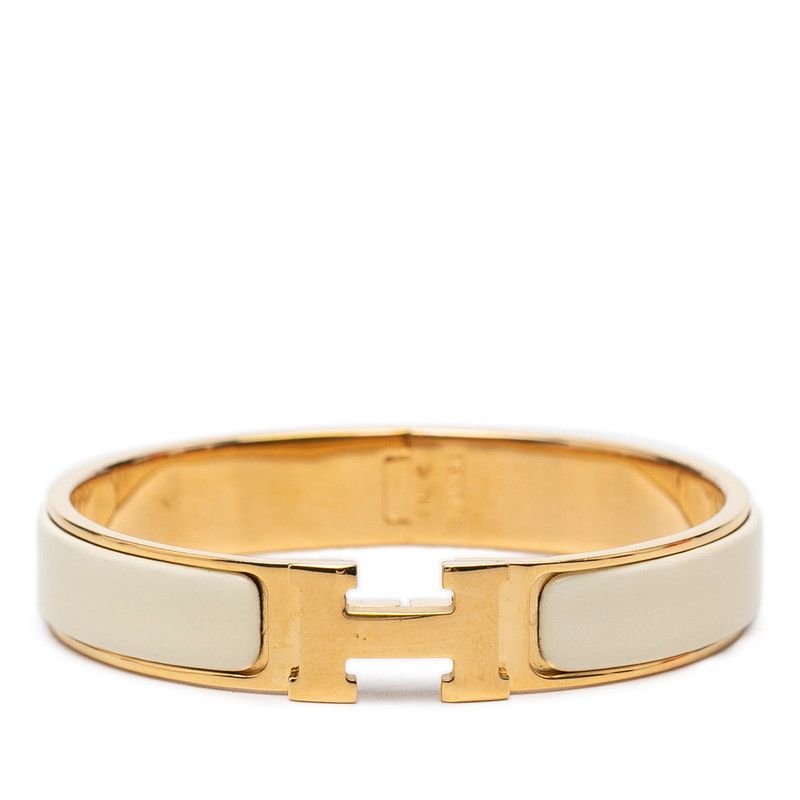 Hermes Click GM Enamel Bracelet Bangle Gold White Plated