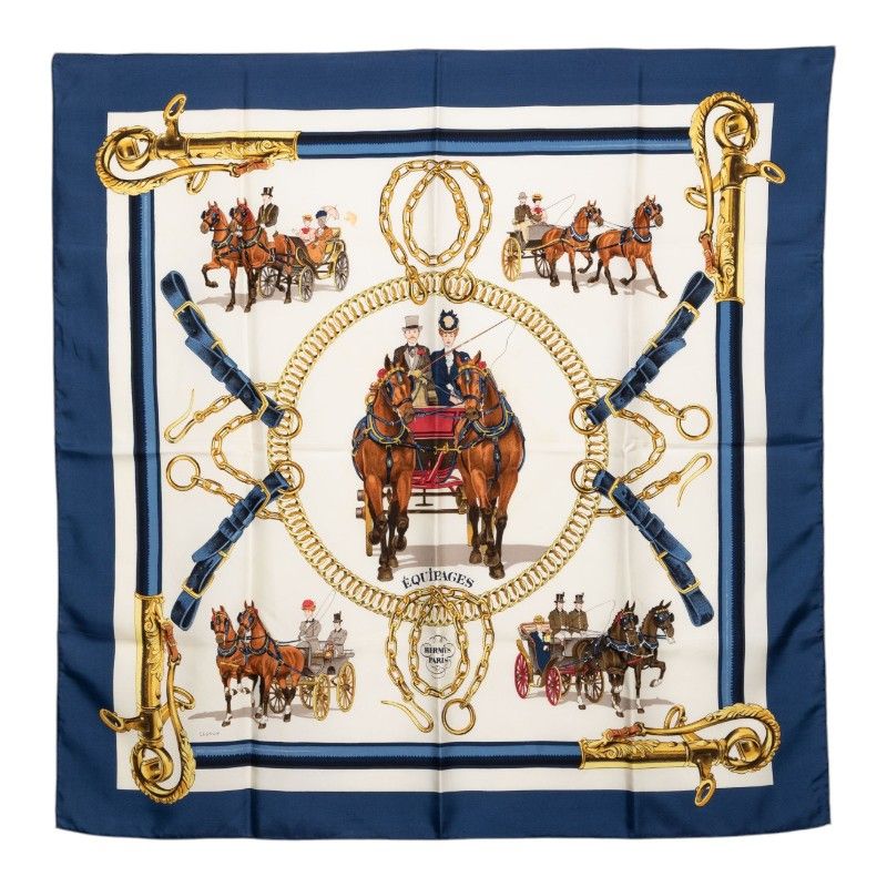 Hermes Carre 90 Equipages Carriage Scarf Navy Multicolor Silk
