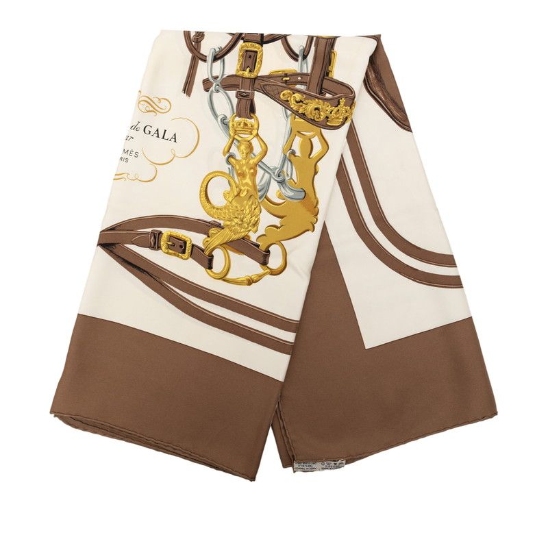 Hermes Carre 90 Bride de Gala Ceremonial Bridle Scarf Brown White Yellow Silk — view 2