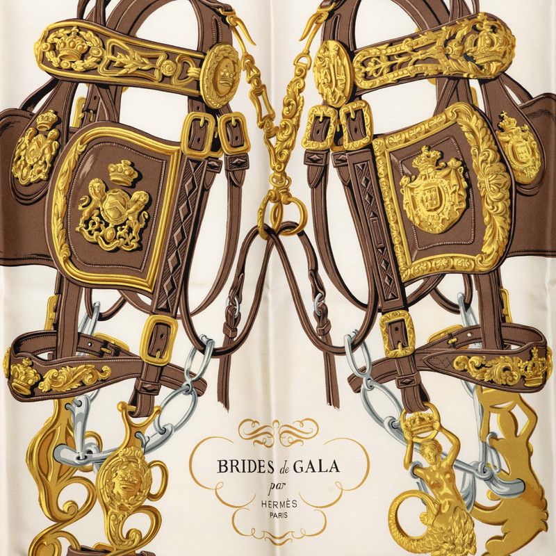 Hermes Carre 90 Bride de Gala Ceremonial Bridle Scarf Brown White Yellow Silk — view 3