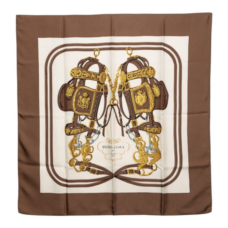 Hermes Carre 90 Bride de Gala Ceremonial Bridle Scarf Brown White Yellow Silk
