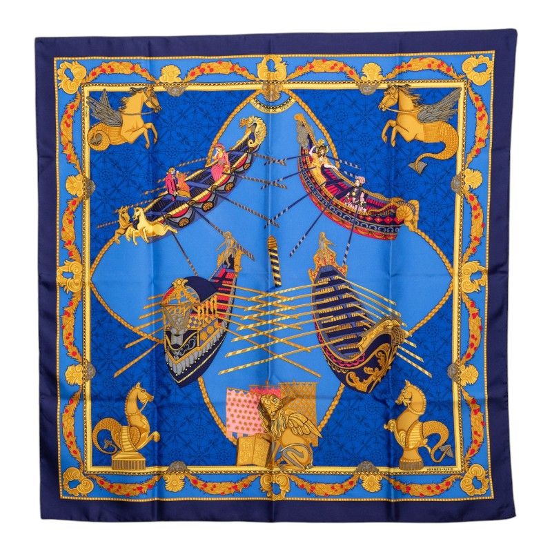 Hermes Carre 90 les Bissone de Venise Venice Sailor Scarf Navy Blue Multi Color