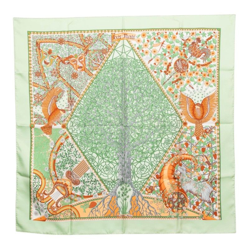 Hermes Axis Mundi Center of the World Scarf Green Multicolor Silk