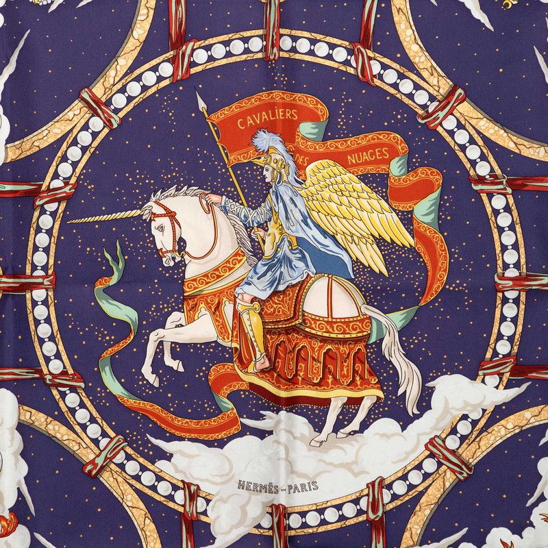 Hermes Carre 90 Cavaliers Des Nuages Cloud Knight Scarf Blue Multicolor Silk — view 3