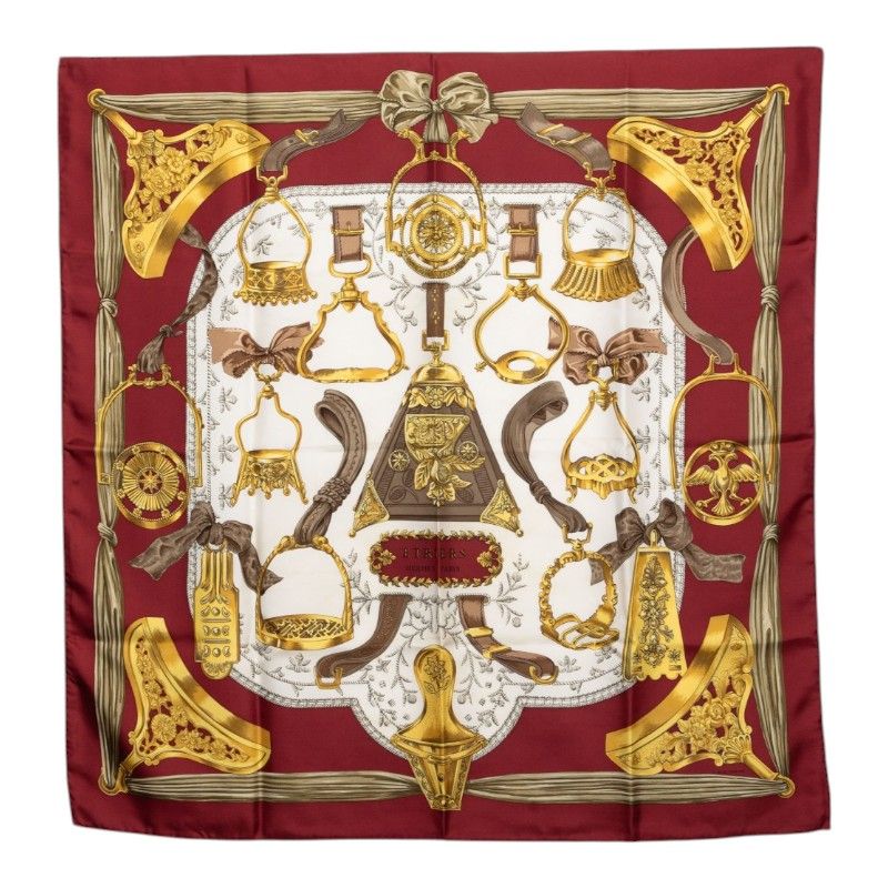 Hermes Carre 90 Etriers Armor Horse Gear Scarf Red White Multi Silk