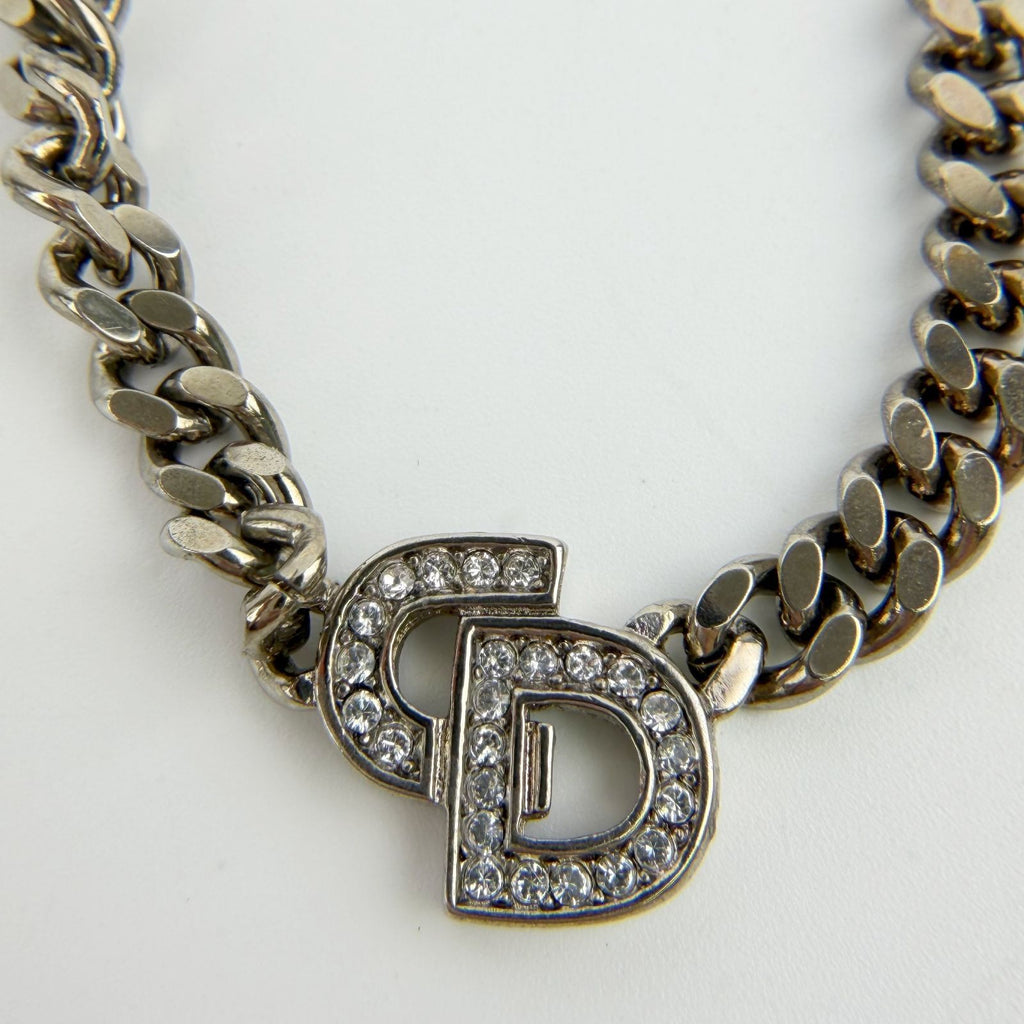 Dior CD Logo Necklace Plated Rhinestone Silver Vintage — view 3