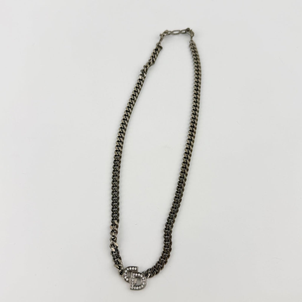 Dior CD Logo Necklace Plated Rhinestone Silver Vintage — view 2