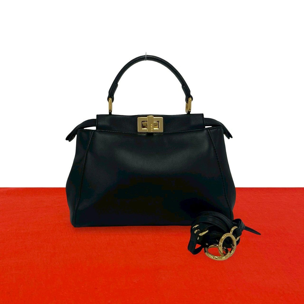 Fendi Peekaboo Mini Turnlock Logo Leather 2-Way Shoulder Bag Black