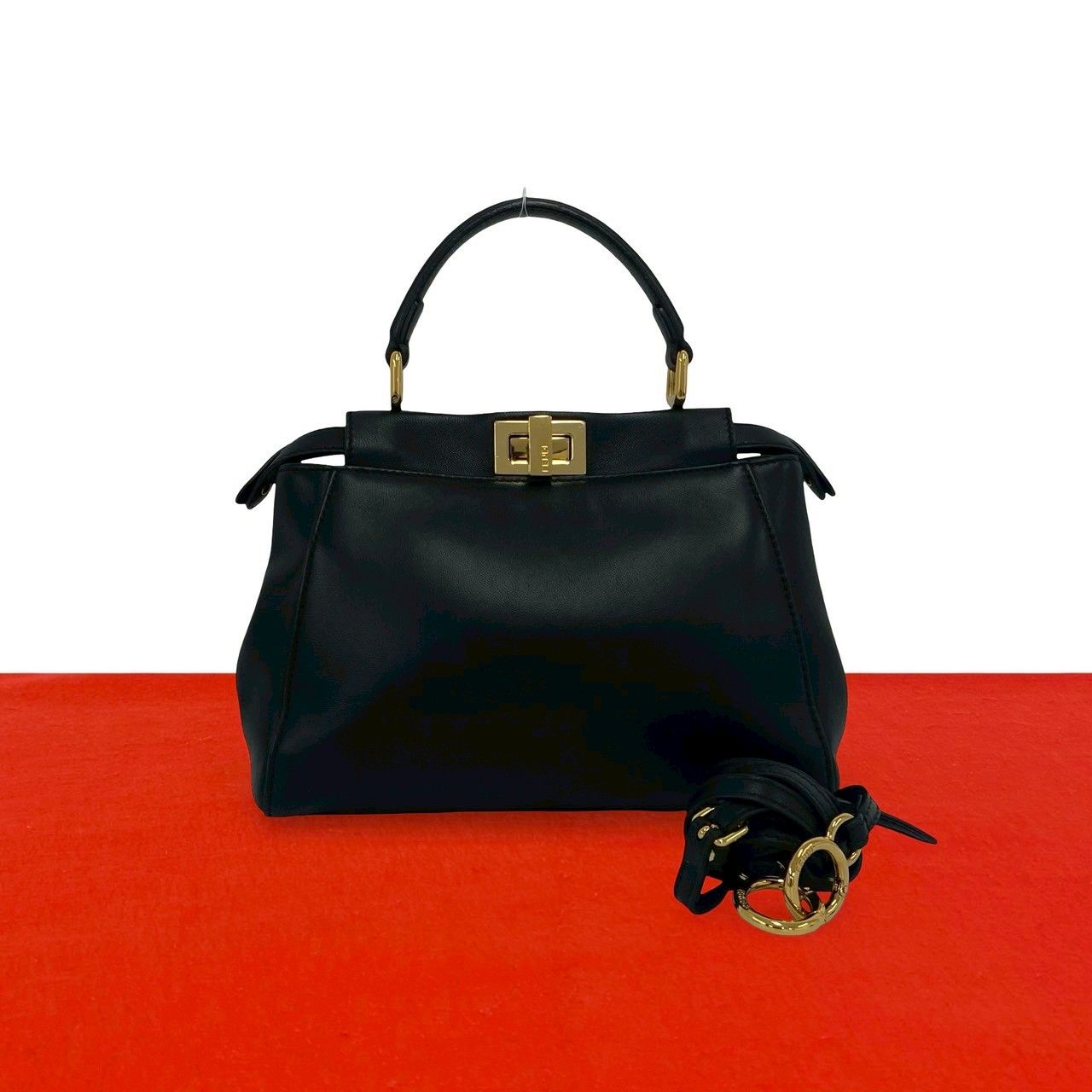 Fendi Peekaboo Mini Turnlock Logo Leather 2-Way Shoulder Bag Black