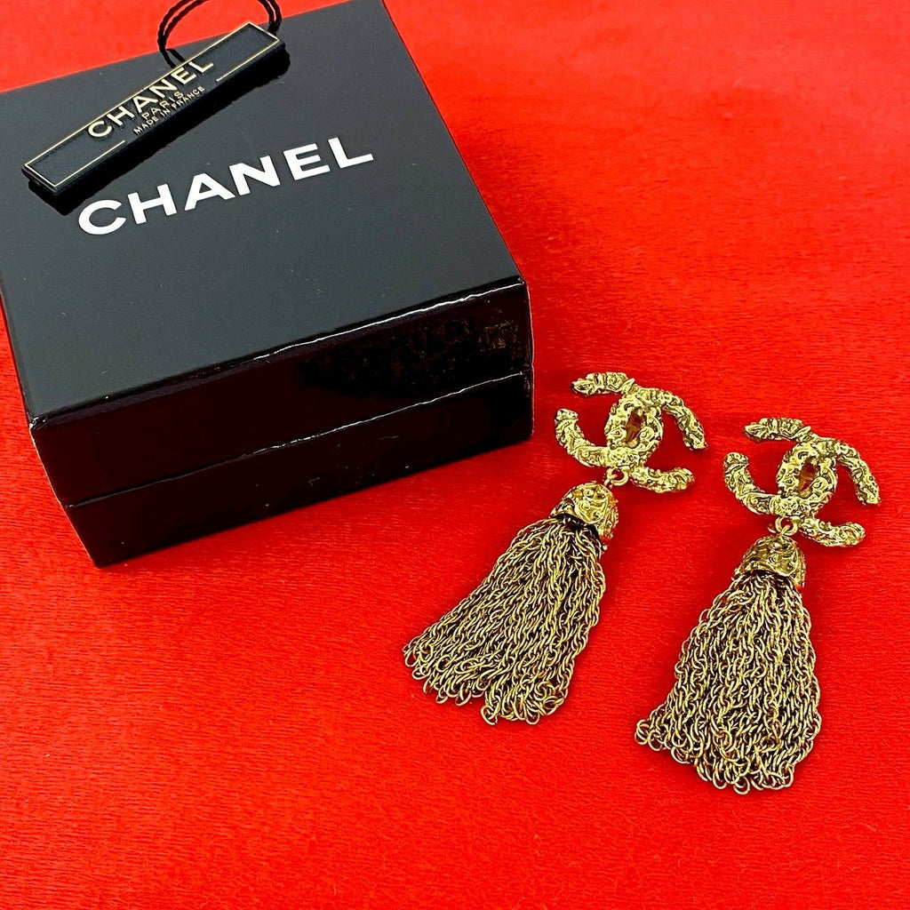 Chanel With Rice Vintage CC Logo Tassel Earrings Gold