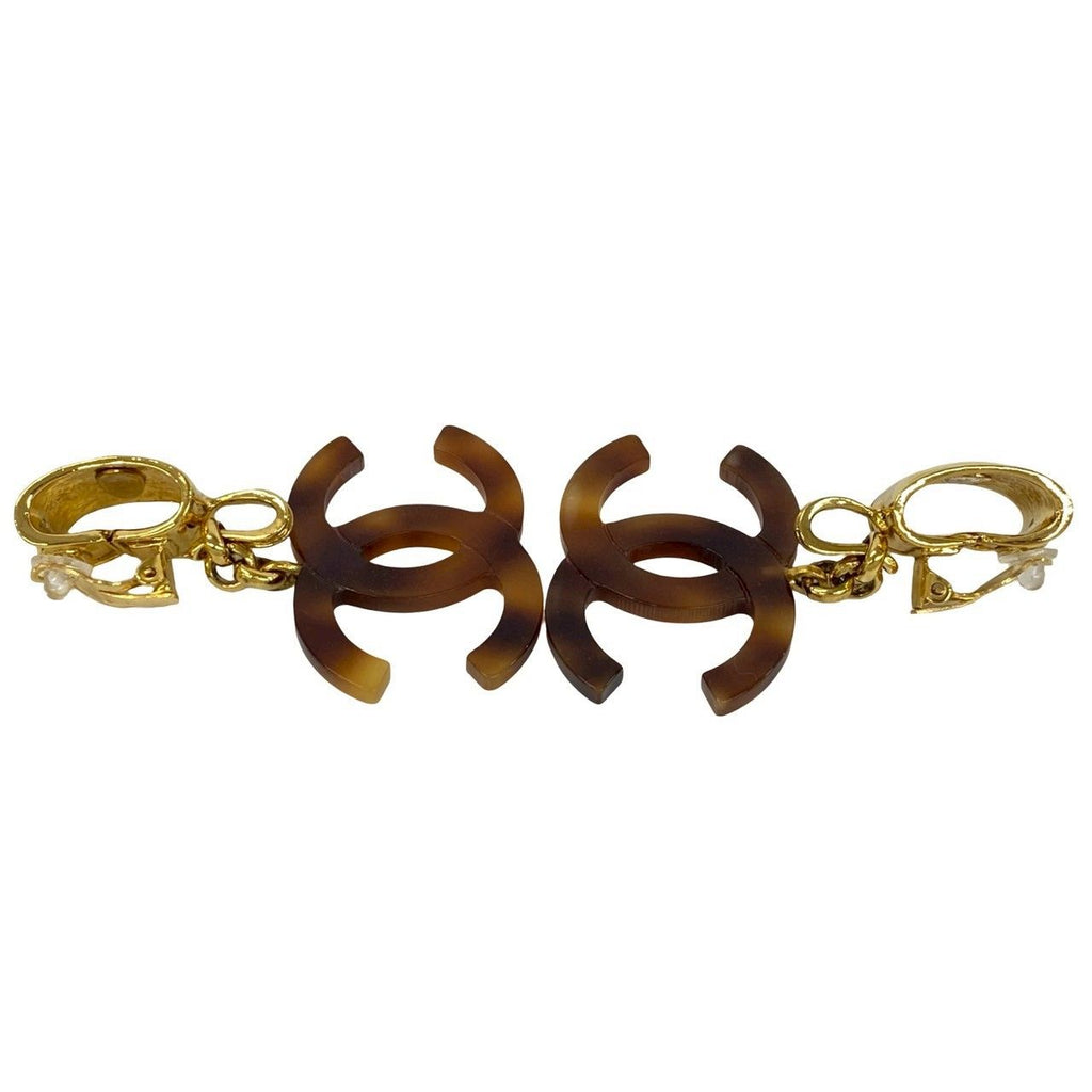 Chanel CC Logo Tortoiseshell Pattern Plastic Earrings Brown — view 4