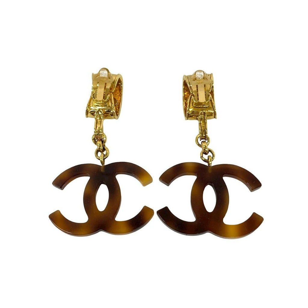 Chanel CC Logo Tortoiseshell Pattern Plastic Earrings Brown — view 6