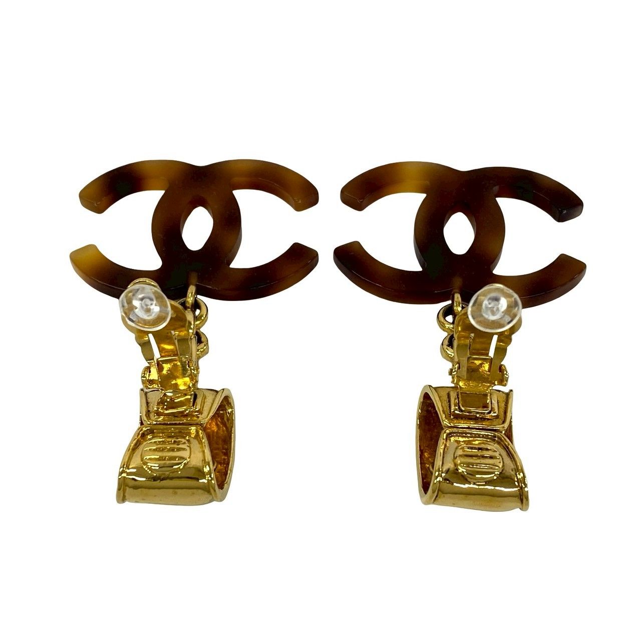 Chanel CC Logo Tortoiseshell Pattern Plastic Earrings Brown — view 7