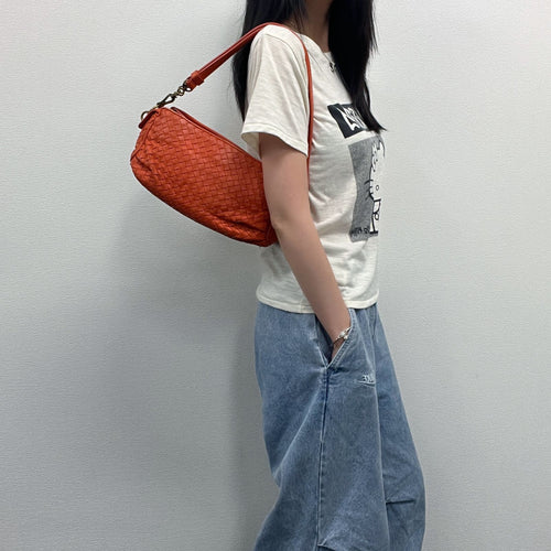 Bottega Veneta Intrecciato Shoulder Bag Leather Orange Gold Vintage