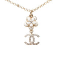 Chanel CC Logo Flower Motif Necklace Gold Black White Plated Faux Pearl