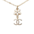 Chanel CC Logo Flower Motif Necklace Gold Black White Plated Faux Pearl